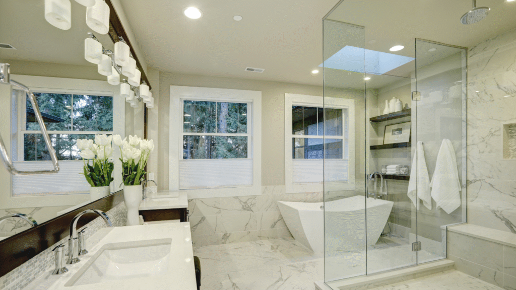 A completed luxury master bathroom remodel by Best Pinellas Contractor featuring a frameless glass walk-in shower, a modern freestanding tub, and custom vanity lighting.