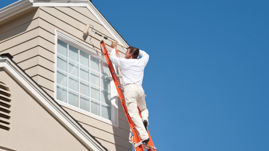 A professional painter working high on a ladder against a blue sky, applying paint to the exterior siding of a Pinellas County home.