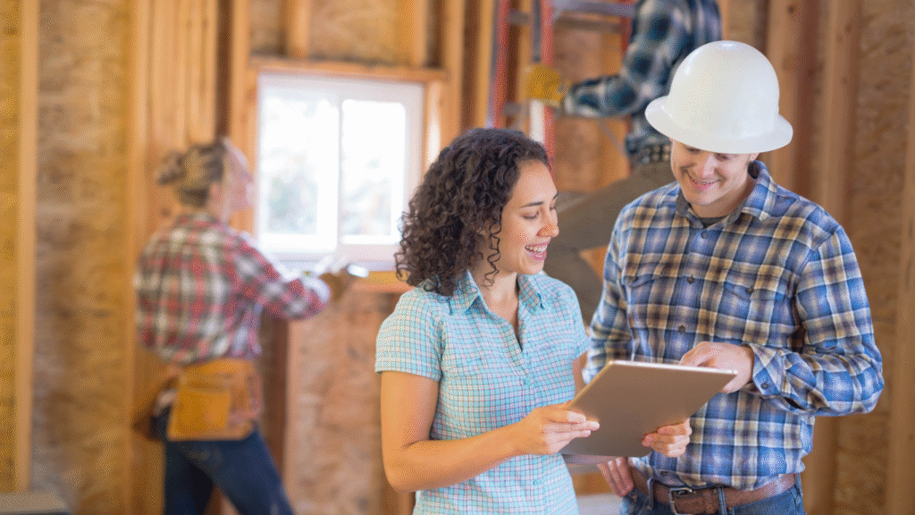 A smiling Pinellas County general contractor in a hard hat and a female homeowner reviewing digital plans on a tablet at a residential kitchen or bathroom remodel site, with crew working in the background.