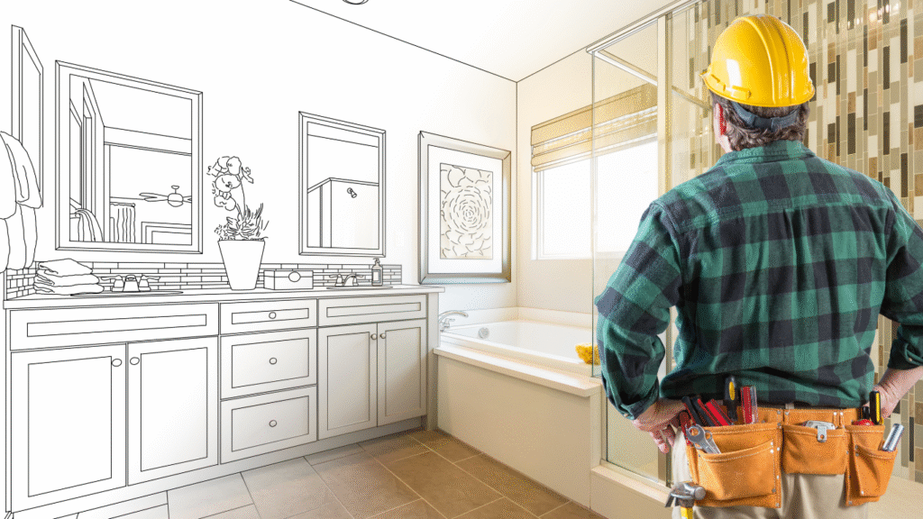A general contractor in a hard hat overseeing a bathroom remodel, which is shown as a black-and-white design sketch transforming into a finished, photo-realistic room.